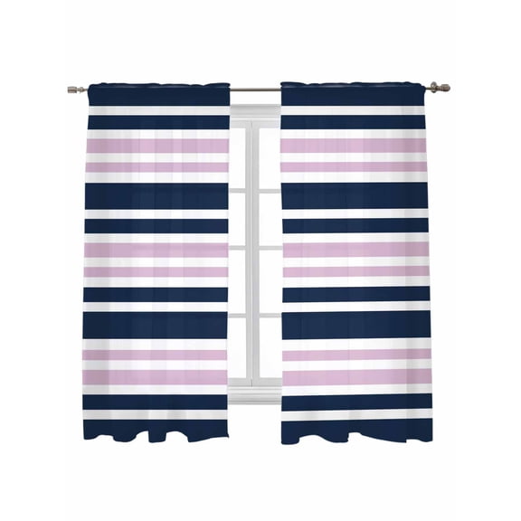 Navy Blue Pink Striped Curtains 63 Inch Length, Sheer Curtains for Bedroom Living Room Window Gradient Horizontal Lines Rod Pocket Voile Drapes Kitchen Curtains Small Half Window 42"x63" 2 Panels