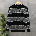 thumbnail image 2 of Suéter de punto negro para hombre, cuello redondo, ropa de hombre, cuello redondo a rayas, suéteres japoneses retro al por mayor, divertidos, 2 of 5