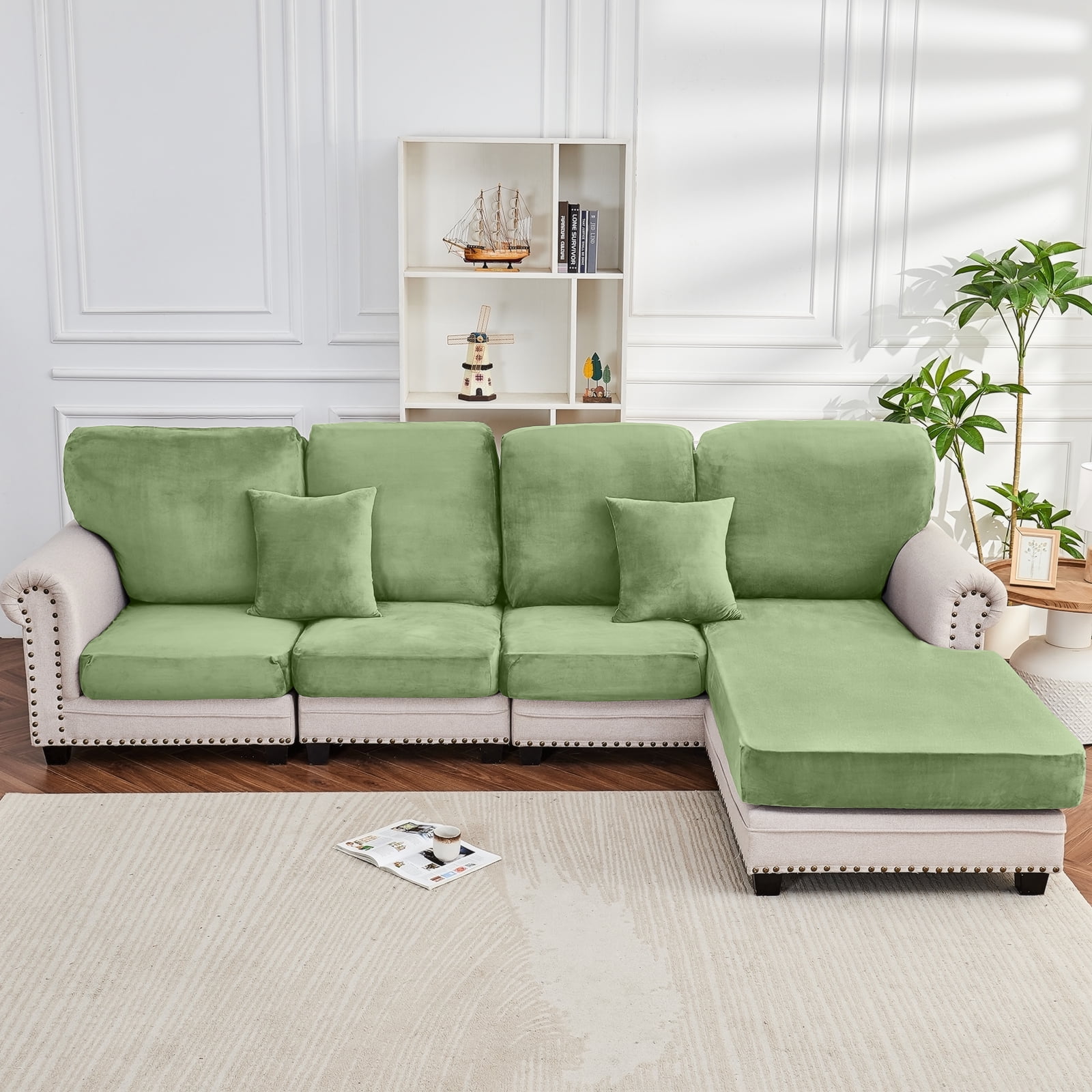 Sanmadrola Couch Covers Velvet Sofa Cushion Cover Stretch Machine Washable Universal Slipcover Furniture Protector for Couches Sectional Sofas, Avocado Green