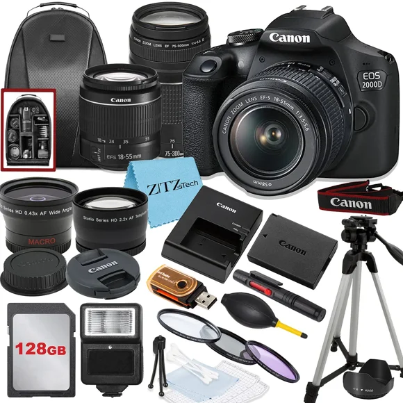 Canon EOS 2000D / Rebel T7 DSLR Camera with 18-55mm, 75-300mm Lens, 128GB, Backpack and ZeeTech Accessory
