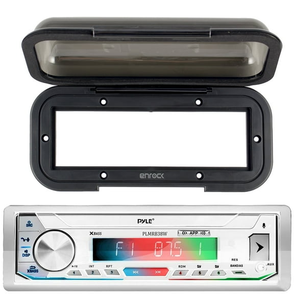 Pyle PLMRB39W LCD Display Single-DIN Marine Bluetooth USB/AUX MP3 Player AM/FM Radio Stereo White Receiver, Water Resistant Waterproof Tinted Black Radio Shield Receiver Cover
