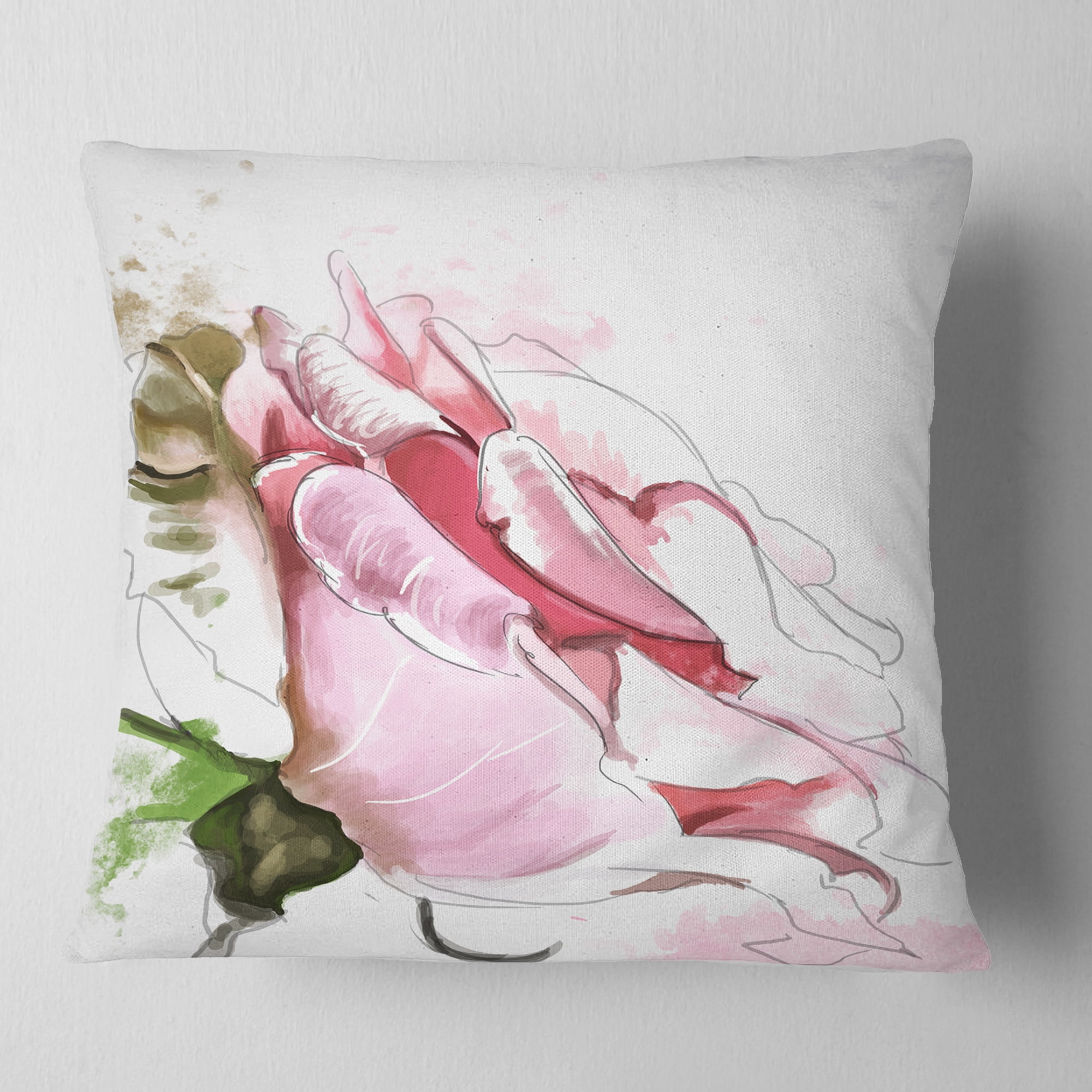 Designart Pink Rose Illustration on White - Floral Throw Pillow - 18x18