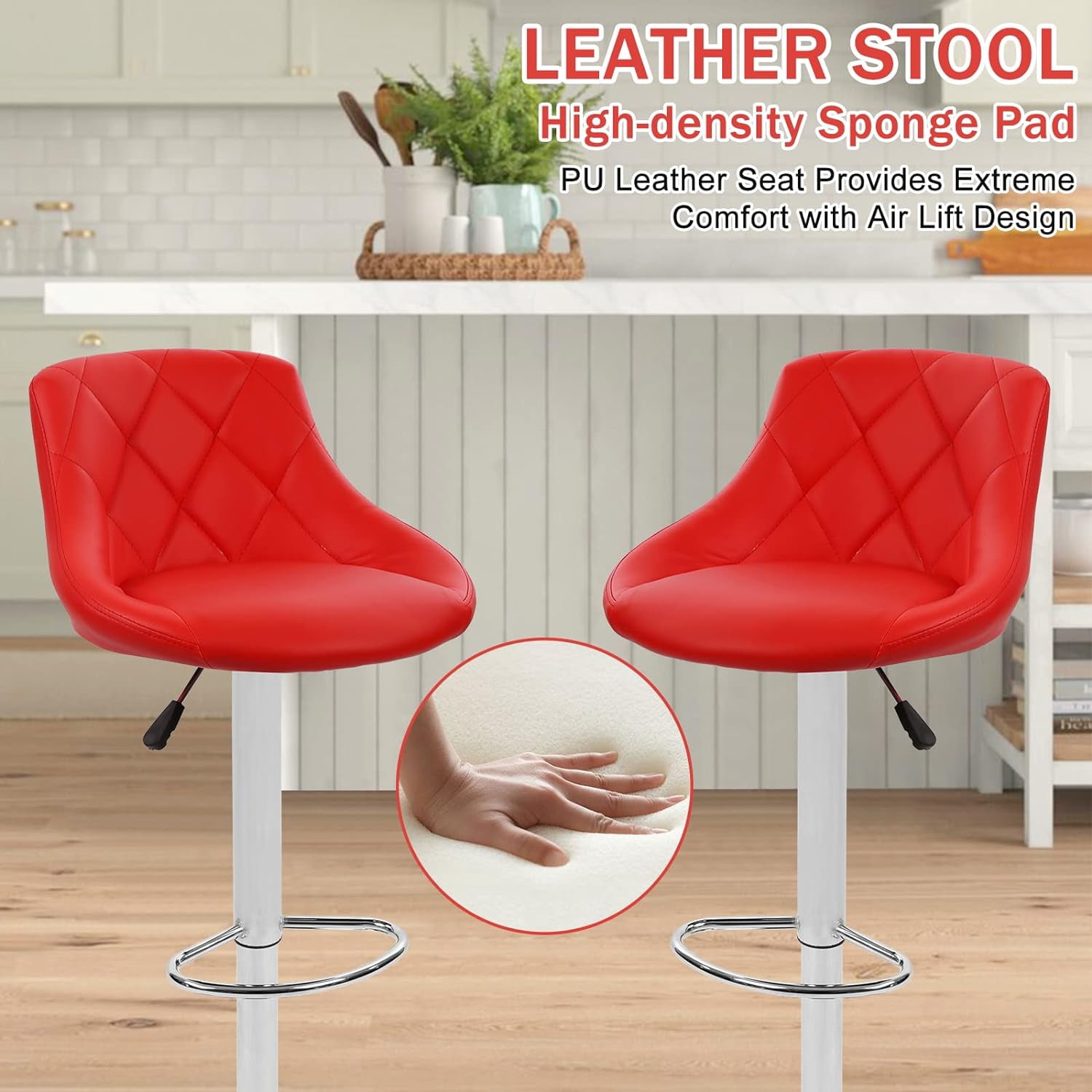 Modern Bar Stools Set of 2 Counter Height Adjustable Bar Chairs with Back and Chrome Base PU Leather Barstools Island Chairs for Kitchen Living Room Pub Swivel Bar Stools (Red)