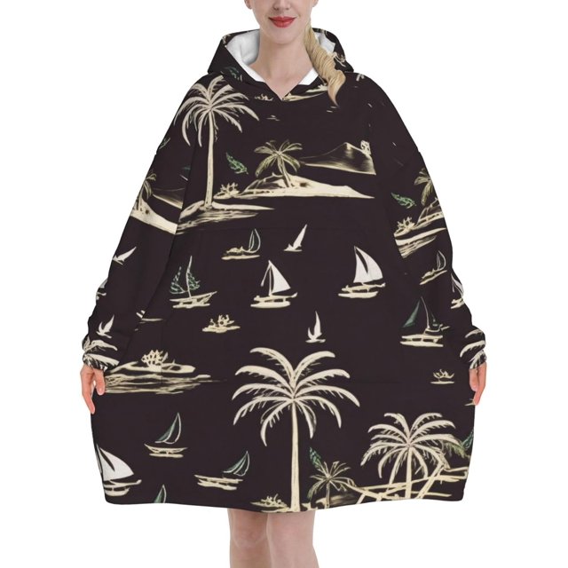 Palm Tree Print Oversized Blanket Hoodie, Wearable Blanket Adult For Women Men And Teenager, Super Soft Warm Flannel Fluffy Hooded Blankets Sweatshirt With Big Pocket