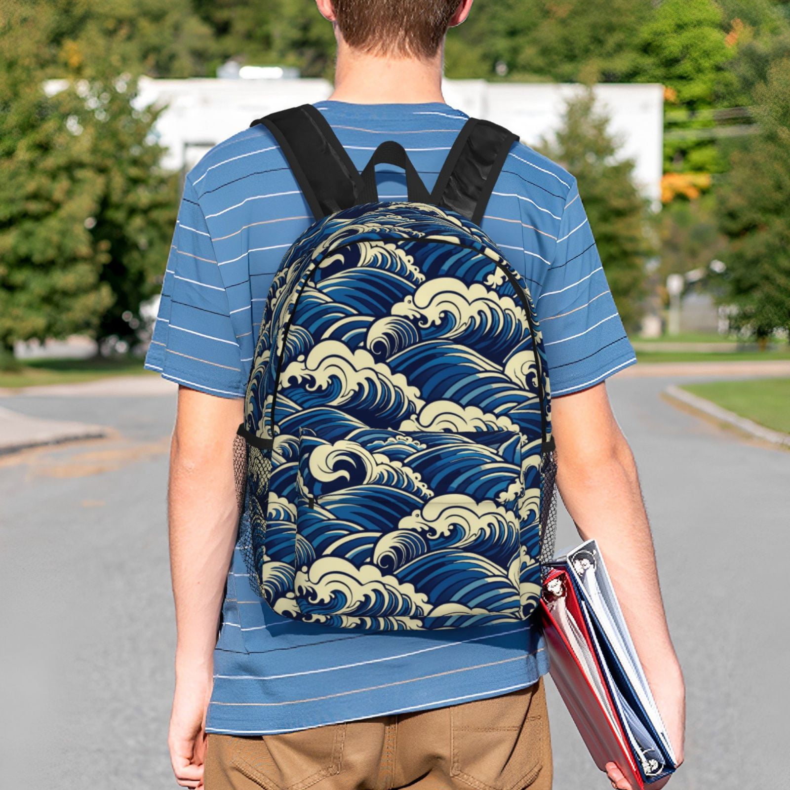 Rateoe Japanese Water Wave Pattern Student Backpack Water-resistant Backpack 15-inch Laptop Backpack Lightweight Adjustable School Backpack