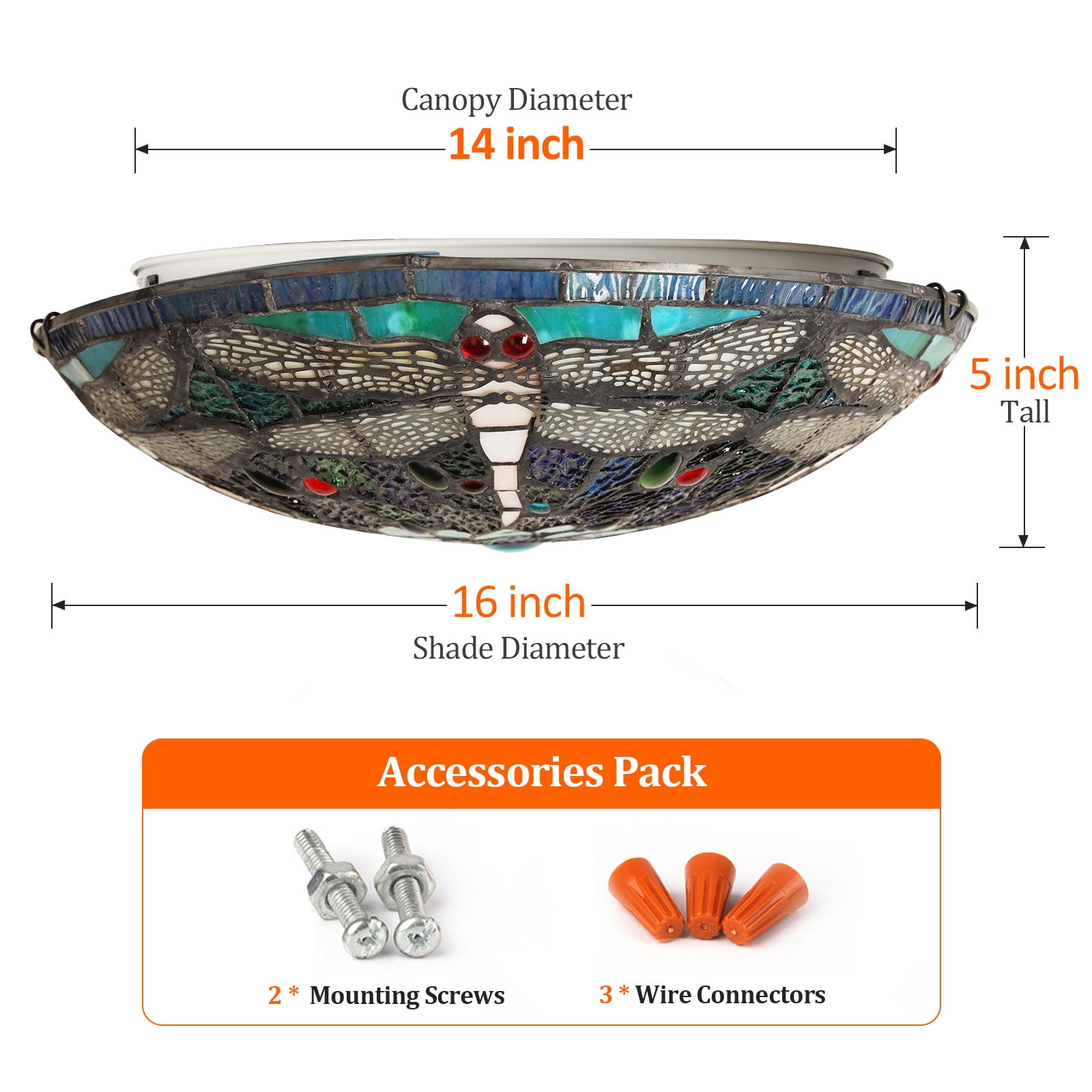 Tiffany Ceiling Light Fixtures Flush Mount 3-Light, 16” Wide Dragonfly Stained Glass Lampshade Ceiling Lamp