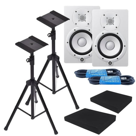 Yamaha HS7W 7-Inch Powered Studio Monitor Speaker White (Pair) with Height Adjustable Speaker Stands, Monitor Isolation Pads, and XLR