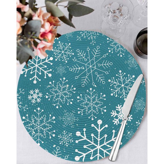 15 Inch Round Placemats Set of 6, Teal Snowflake Christmas Non Slip Heat Insulation PP Table Mats, Xmas Snowflake Washable Place Mats for Kitchen Dining Party Table Decor