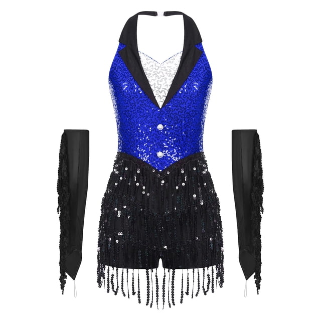 Manyakai Justaucorps de Danse Latine Samba à Sequins pour Femmes avec Gants Tenue de Gymnastique Rythmique Bleu m