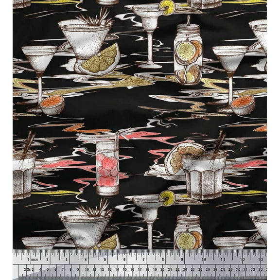 Soimoi Black Cotton Voile Fabric Lemon Slice & Soft Drink Beverages Print Fabric by the Yard 42 Inch Wide