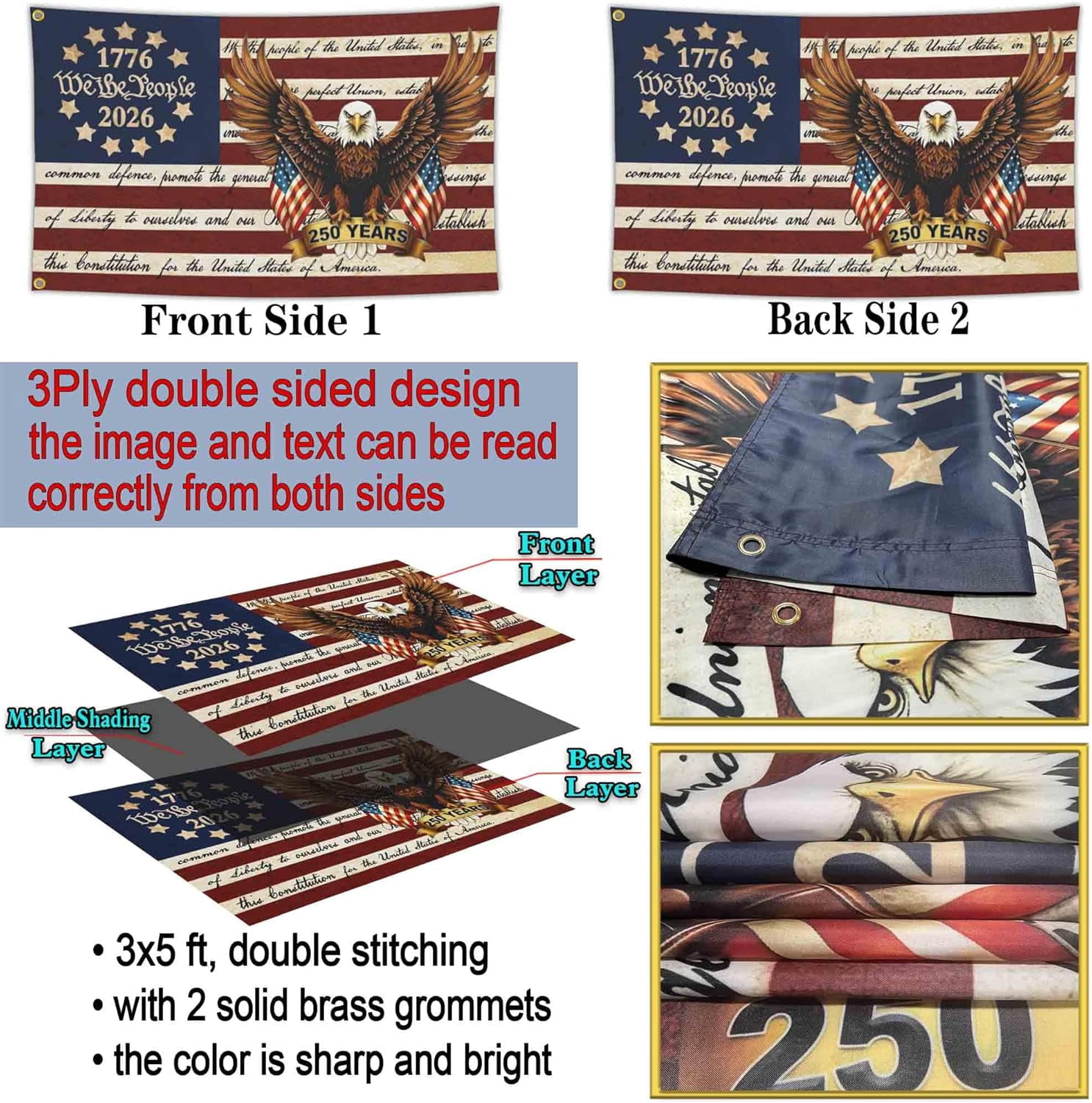 3Ply Double Sided 3x5 FT 250 Year American Anniversary Flag 250th Anniversary USA Patriotic Betsy Ross We The People 1776 Flag for Outside 4th of July Decorations