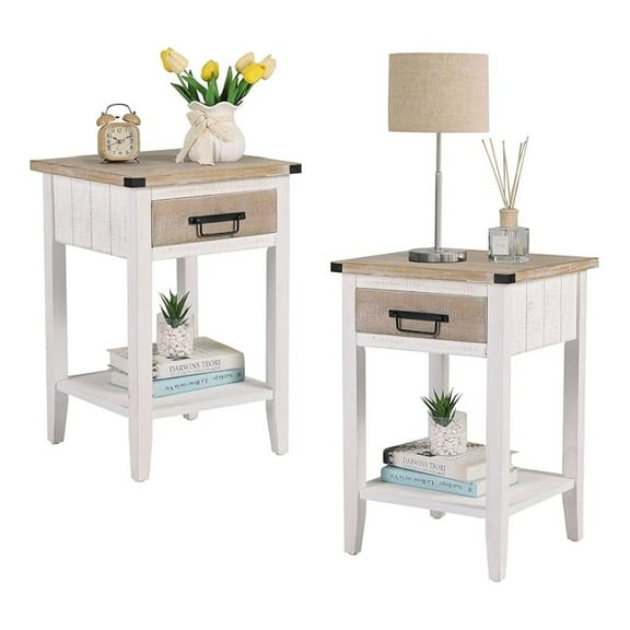 Farmhouse Nightstand Set of 2, Rustic Bedside Tables with Drawers & Shelf, Vintage White End Tables for Bedroom, Living Room 15.7"D x15.7"W x23.6"H