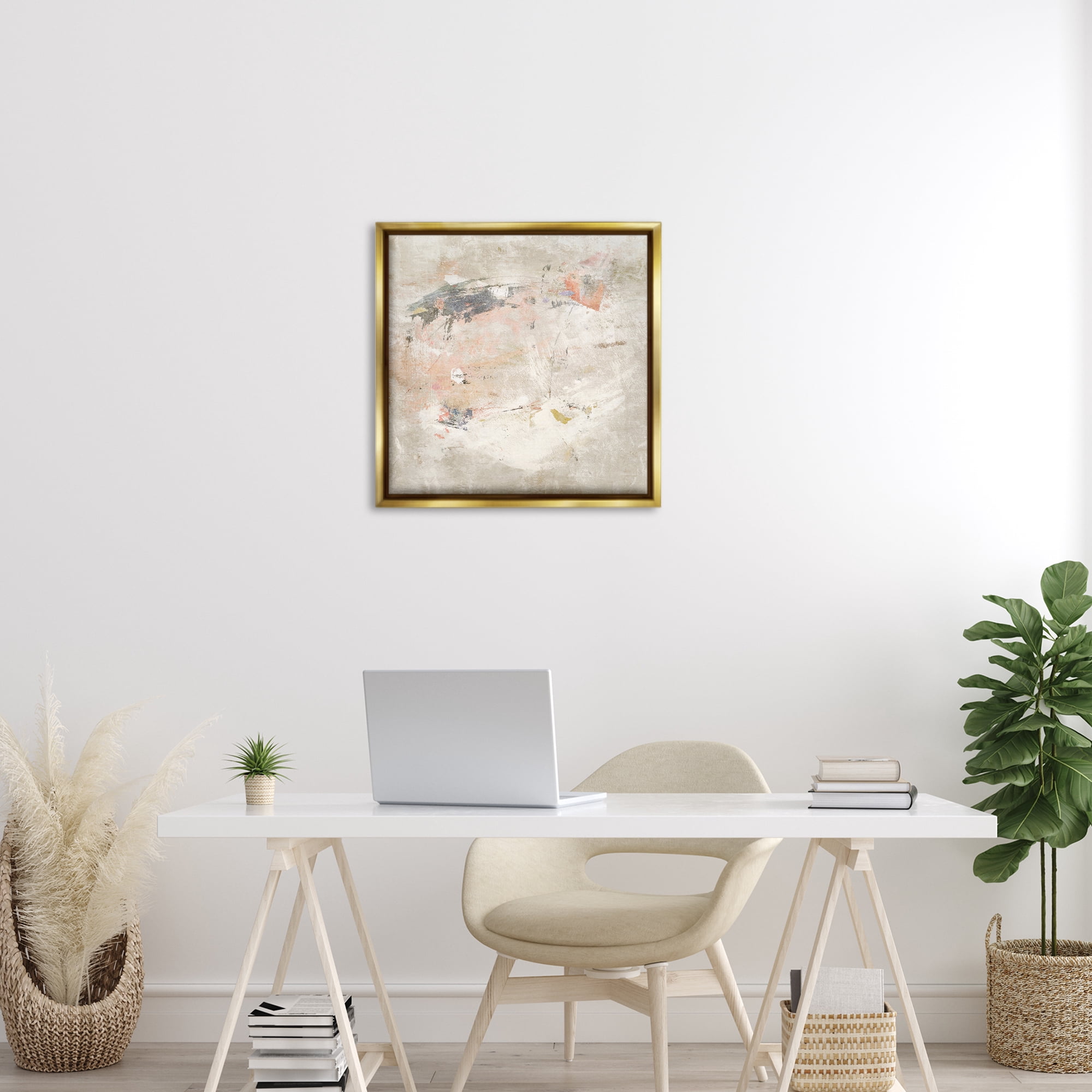 Stupell Industries Distressed Pale Neutrals Abstract Painting Gold Floater Framed Canvas Art Print Wall Art, 25 x 25