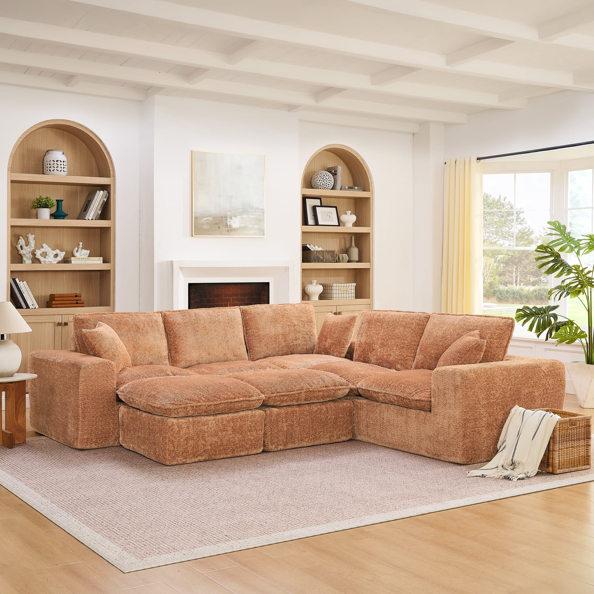 107" L Shaped Sectional Sofa 7 Seat Cloud Couch Boucle Fabric Modular Sofa with Ottoman Deep Seat Comfy Couch for Living Room, Orange