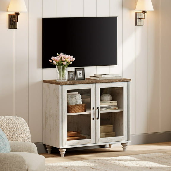 Farmhouse TV Stand for TVs Up to 43 inch, Glass and Wooden Universal TV Stand with Large Storage Cabinets, Entertainment Center, TV Console Table for Living Room, Bedroom, Rustic White