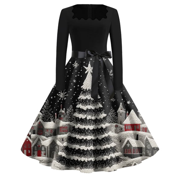 Women's Fashion Round Neck Casual Slim Christmas Printed Long Sleeve Dresses, Square Neck, Holiday Print, Retro Style, Party Wear, Slim Fit, Festive,Dark Gray,5XL