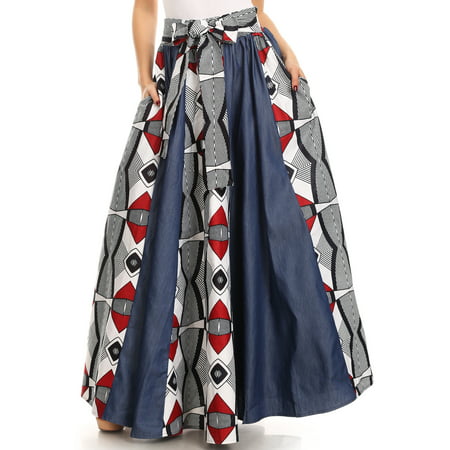 Sakkas Monifa Long Maxi Skirt Colorful Ankara Wax Dutch African Skirt Gorgeous - 2288 Black/white - One Size