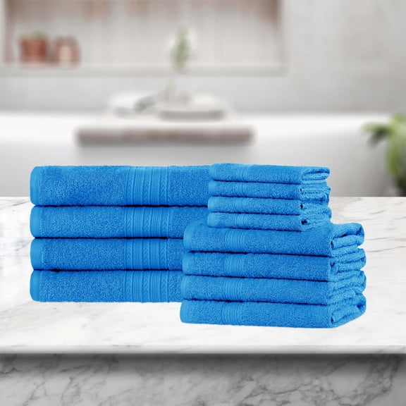 BNM Eco-Friendly Cotton Assorted Towel 12 Piece Set, Aster Blue