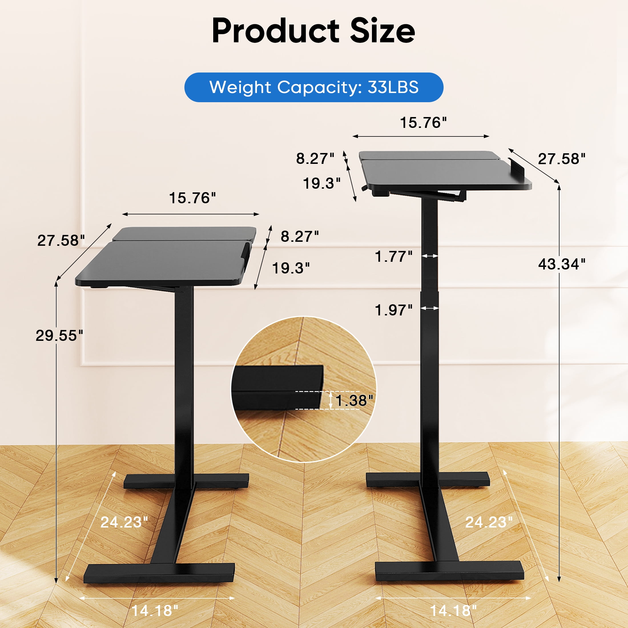 ZUNMOS Overbed Bedside Lap Desk with Wheels and Tilt Top, Mobile Standing Lap Desk Pneumatic Adjustable Height for Home Office Bedroom Sofa, Black