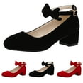 thumbnail image 7 of Bow Ballet Flats Dress Shoes for Women Bride Suede Round Toe Bowknot Ankle Strap Bridal Wedding Chunky Low Heels, 7 of 7