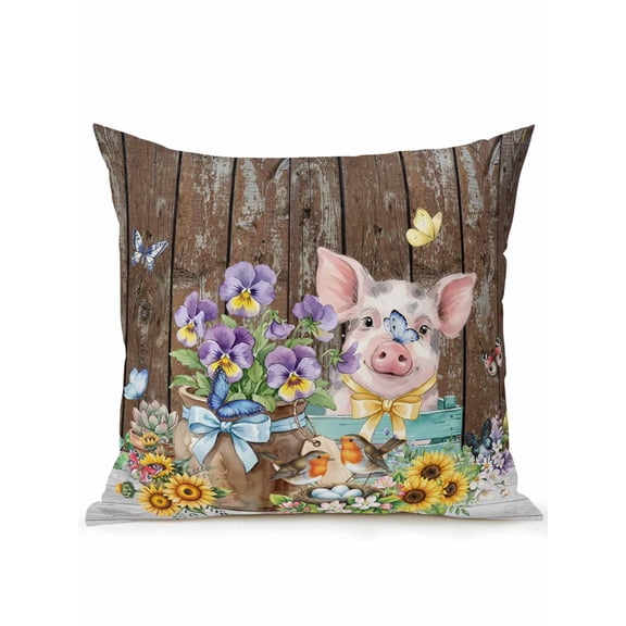 1 Pack Outdoor Throw Pillow, Farmhouse Floral Pig Waterproof Pillow with Insert Included, Spring Sunflowers Butterfly Brown Decorative Accent Cushion Sofa Pillows for Patio Porch, 18 x 18 In