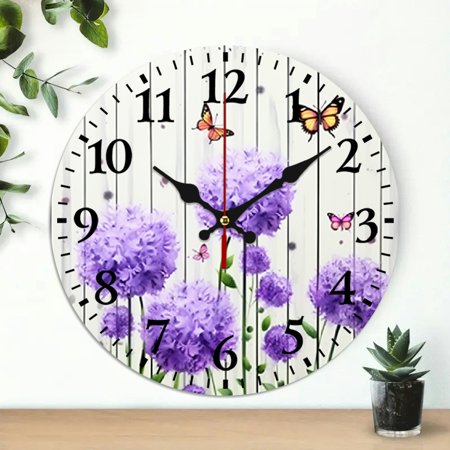 PRATYUS Purple Flowers Butterflies Wall Hanging Clock 10 Inches, Silent Decorative Analog Clock for Living Room Bedrooms Kitchens, Frameless Design 10x10in