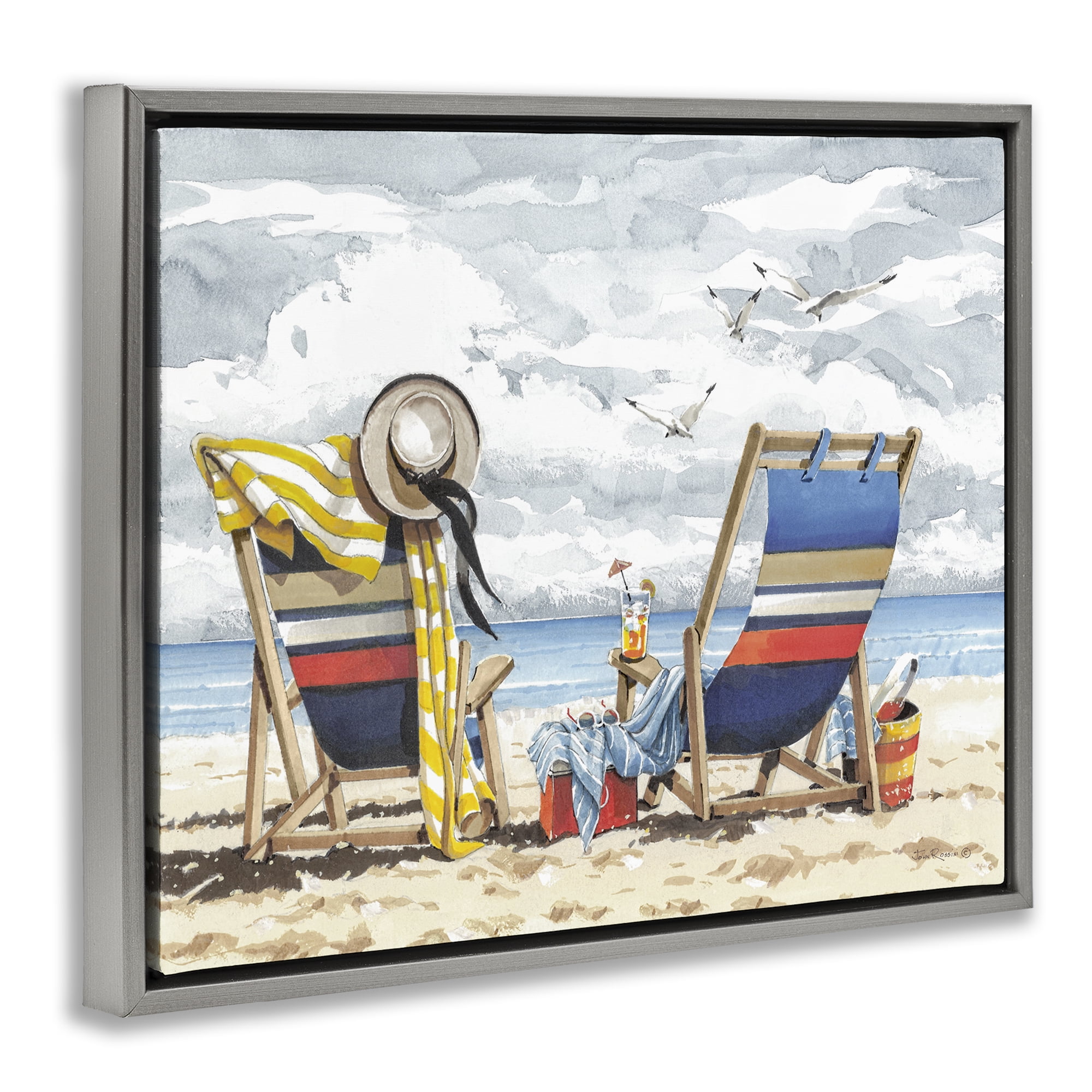 Stupell Industries Peaceful Beach Chairs Hangout Landscape & Nature Painting Gray Floater Framed Canvas Art Print Wall Art, 21 x 17