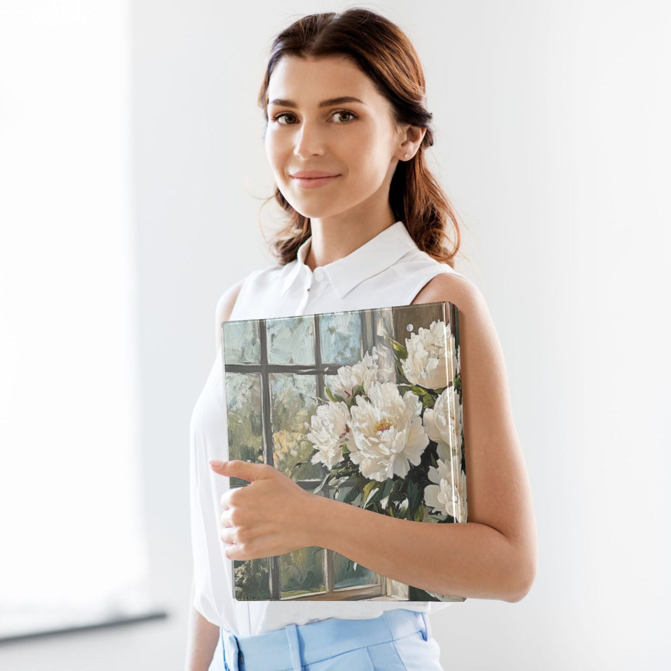 White Peonies 3 Ring Binders 1.5 inch Hardcover File Folders with Interior Pockets A4 Size Organizer for School Office Hospital Set of 2