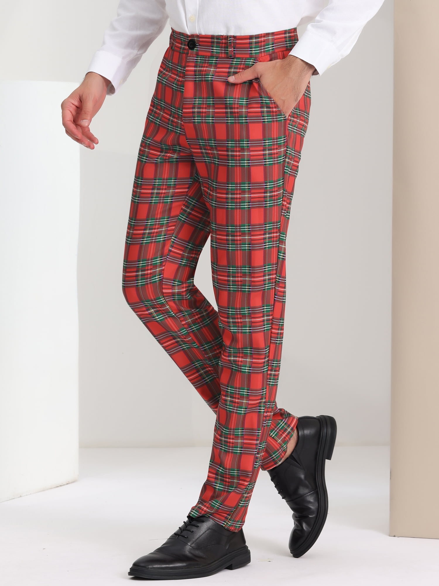 Unique Bargains Men's Plaid Business Pants Regular Fit Formal Prom Checked Trousers 36 Red Green