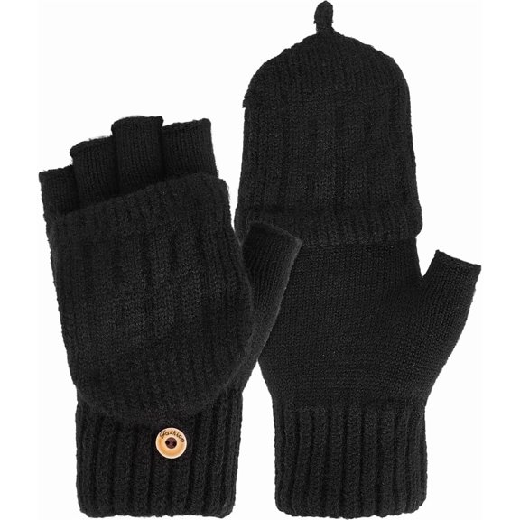 1 Pair Fingerless Gloves with Mitten Flap Cover Wool Black Winter Warm Soft Flip Top Insulation Thermal Knitting Thumb Hole Wrist Mittens Bulk for Women Men Writing Texting Driving Cycling Black