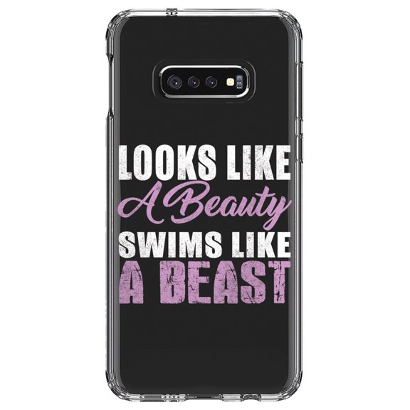 DistinctInk Clear Shockproof Hybrid Case for Samsung Galaxy S10e (5.8" Screen) - TPU Bumper Acrylic Back Tempered Glass Screen Protector - Looks Like a Beauty Swims Like a Beast