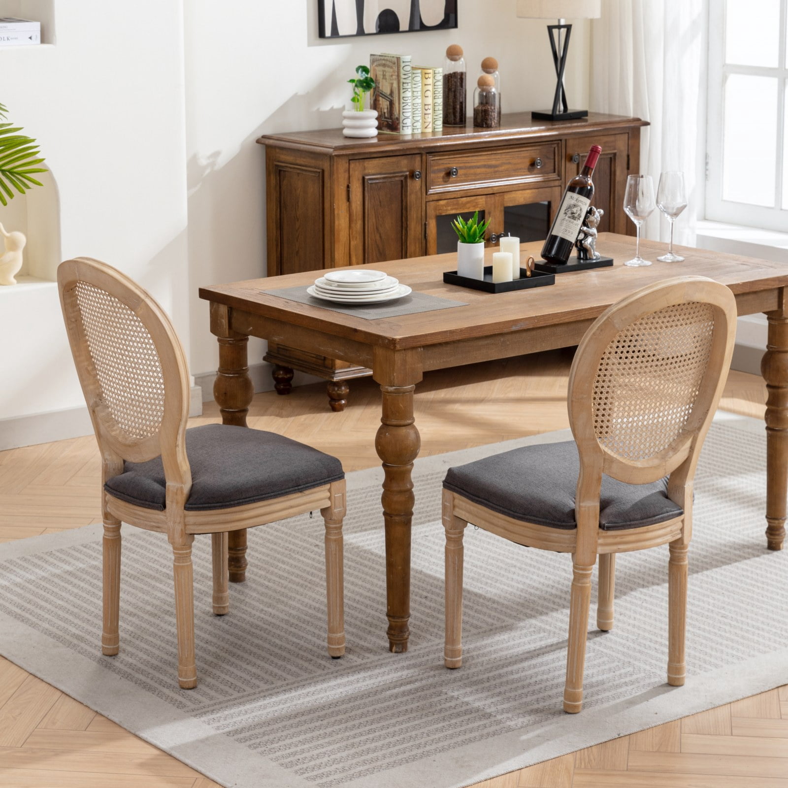 PORKISS Dining Chairs Modern Upholstered Set of 2, French Style Solid Wood Dining Side Chairs, Linen Fabric Dining Chair with Nailhead Trim, Dark Gray A
