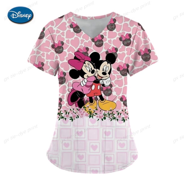 Medical Worker Nursing Uniform Women Disney Minnie Mickey Mouse Print Nurses Uniform Short Sleeve V-neck Top Working UniformeM Gao Jinjia LED