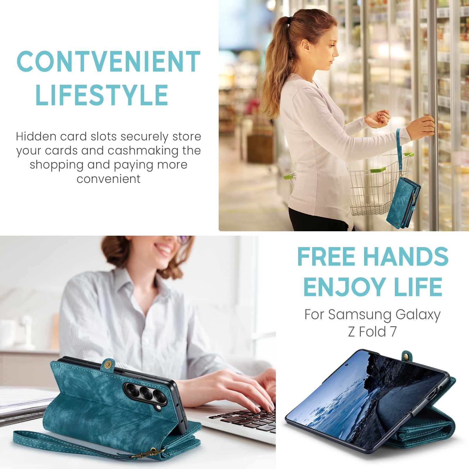 Feishell Durable 2- In-1 Magnetic Detachable Wallet Case for Samsung Galaxy Z Fold 7,for Women Men,Premium PU Leather Zipper Pocket Flip Multi Card Slots Purse Phone Case with Wrist Strap,Green