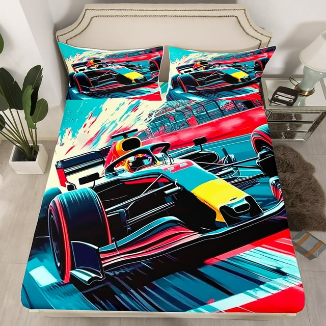 Erosebridal Cartoon Car Fitted Sheet Full, Karting Fitted Sheet Set Full, Racing Sports Decor(No Top Sheet)