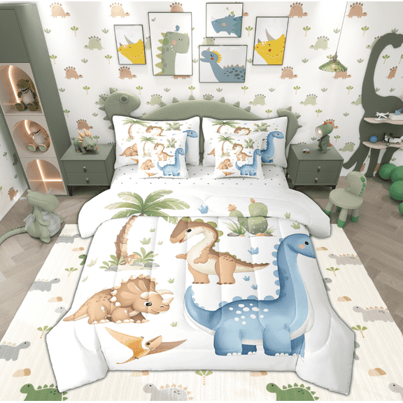 Manfei Kawaii Blue Dinosaur Bedding Comforter Set 7 Pieces, Cartoon Animal Full Bedding Set, Teens Boys Girls Kids Reversible Fitted Sheet Flat Sheet, Super Cozy Room Decor