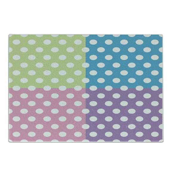 Polka Dots Cutting Board, Polka Dots in Modern Patchwork Design Print Playroom Sprinkles, Decorative Tempered Glass Cutting and Serving Board, Small Size, Pink Blue Green, by Ambesonne