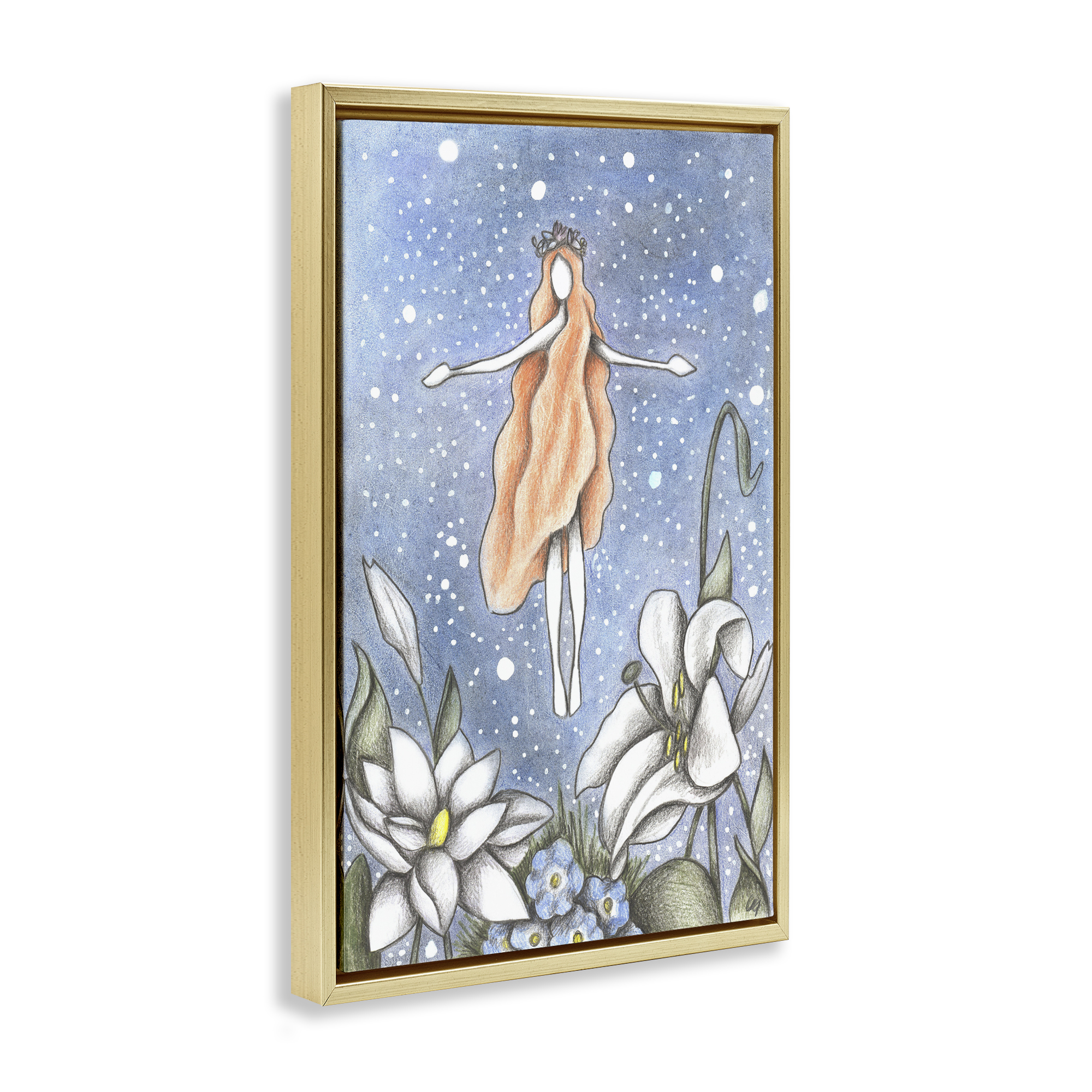 Mystical Garden Fairy Sparkle Gold Framed Floater Canvas Wall Art, design by Cecilia Battaini