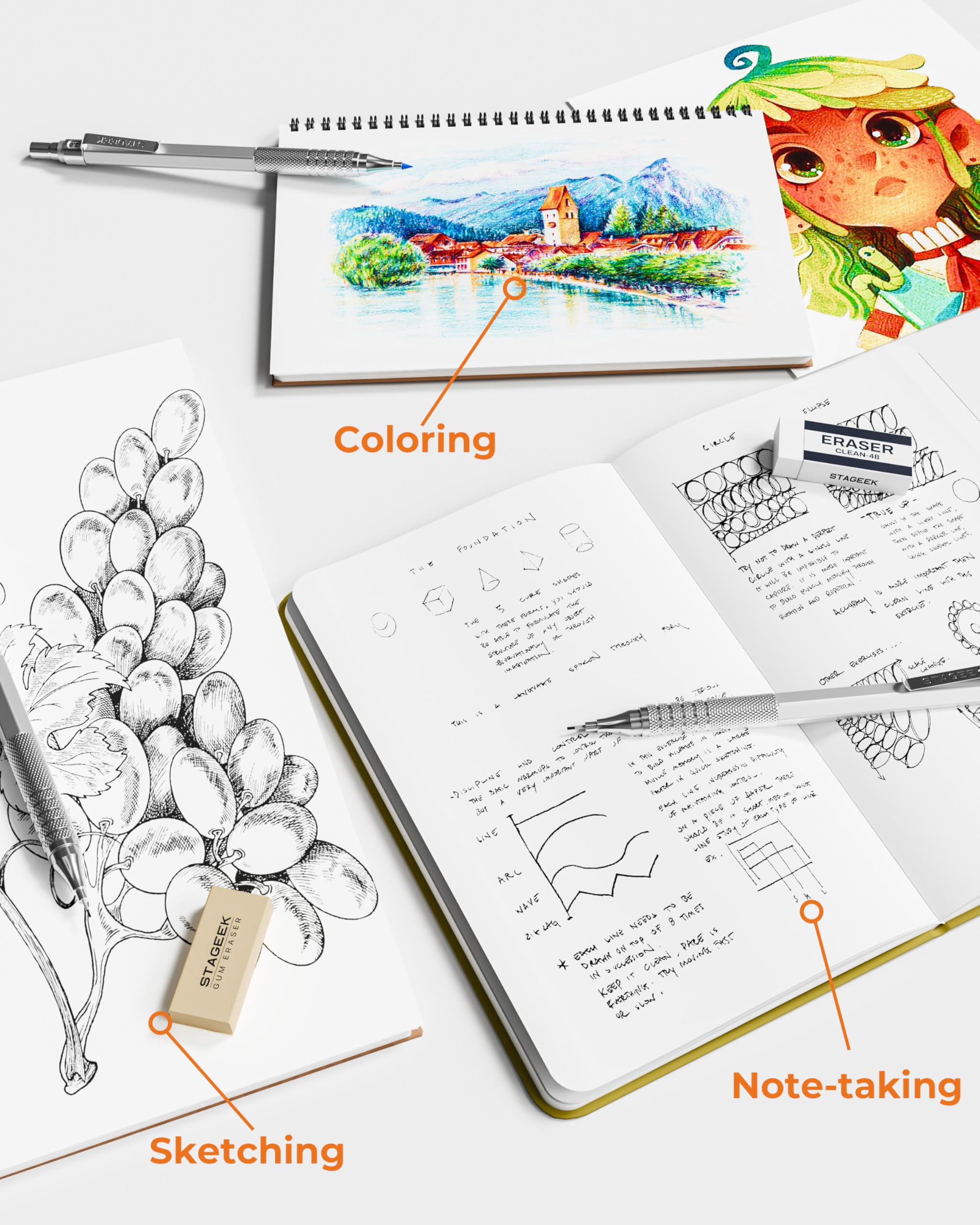 STAGEEKC Metal Mechanical Pencil Set in Leather Case, 5PCS Art Drafting Pencil 0.3, 0.5, 0.7, 0.9 & 2mm Lead Holder, 9 Tube (4B 2B HB 2H Colors) Lead Refills for Drawing, Sketching, Writing (Silver)
