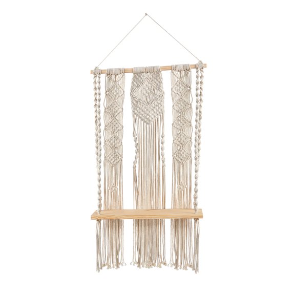 Nearly Natural 2.5' x 1.5' Layered Off-White Macrame Wall Hanging with Wooden Shelf Textile Art