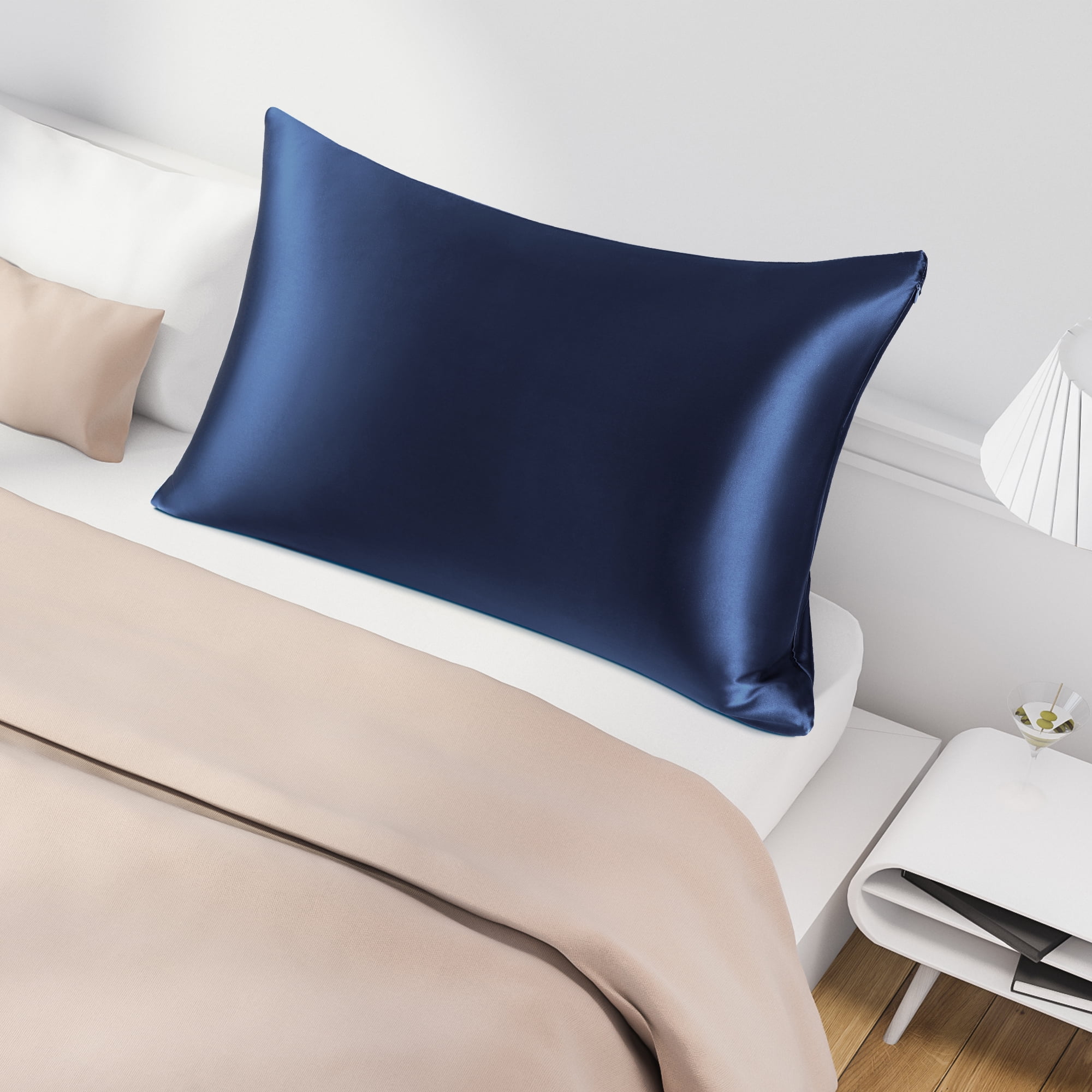 PiccoCasa 1 Pack 19mm Silk Pillowcase for Hair and Skin with Zipper Standard Navy Blue