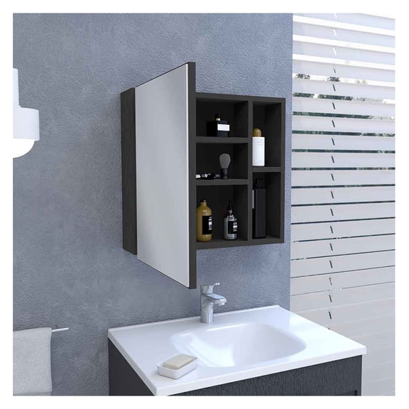 Medicine Cabinet , Three Internal Shelves, Single Door, Two External Shelves, Black Wengue Finish