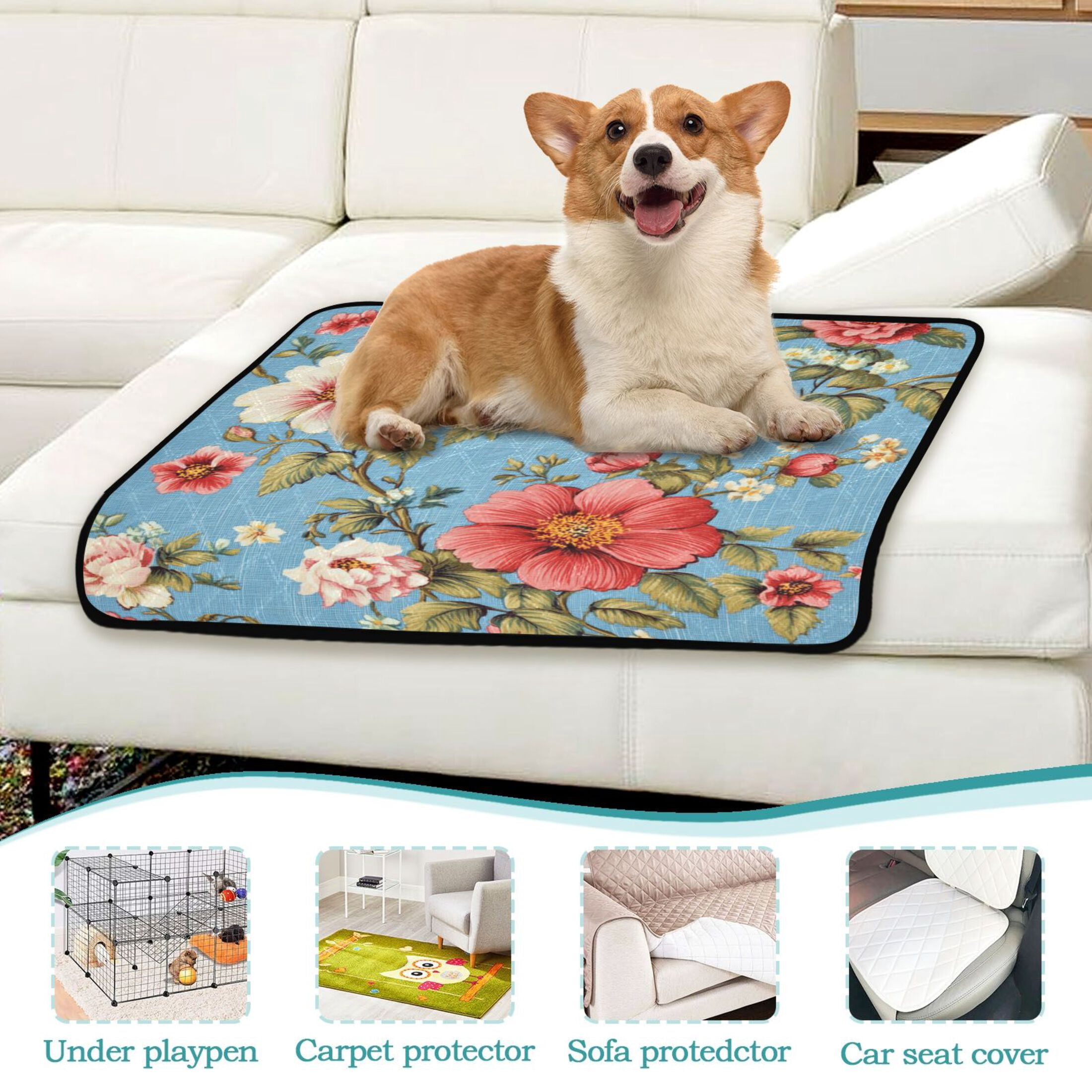 Qxltty Red and White Vintage Flowers Cat litter Pads Pet Set of 3 Diaper Mats Center Anti-leakage Layer Absorbent Soft and Comfortable