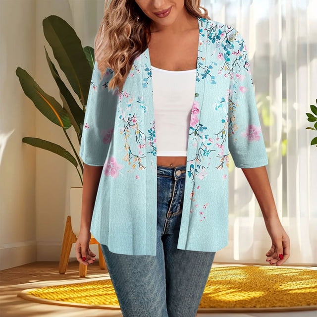 Amzcrzy Cardigans pour Femmes Mode Décontractée Imprimée Chemise Cardigan Manches 3/4 Hauts Amples et Décontractés Vestes Cardigan pour Femmes Hauts à Manches Longues Veste Vêtements pour Femmes