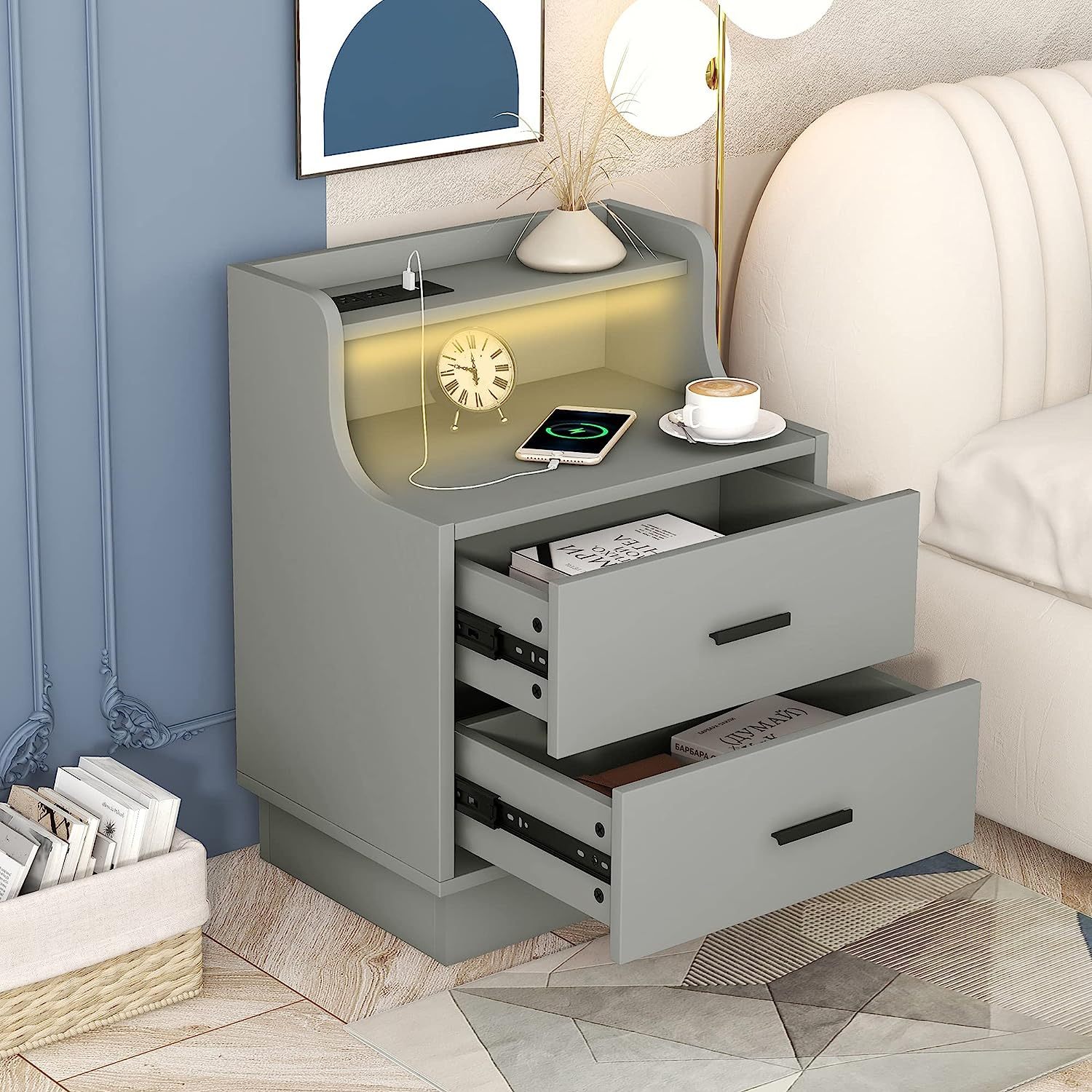 Gray Night Stand with Charging Station, LED Nightstand with USB