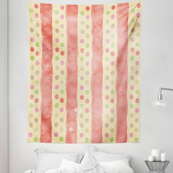 Retro Tapestry, Retro Stripes and Dots in Watercolor Featured Effects Nostalgic Pattern, Fabric Wall Hanging Decor for Bedroom Living Room Dorm, 5 Sizes, Pale Yellow Coral, by Ambesonne