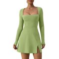 thumbnail image 1 of Womens Square Neck Bodice Dress Long Sleeve Side Slit Flare Mini Dresses, 1 of 6