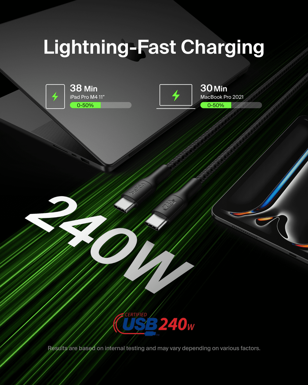 Belkin BoostCharge USB-C to USB-C Cable 240W 2.0 6.6ft/2M Braided Fast Charging Cable USB-C Power Cable Laptop & Phone Charger Black