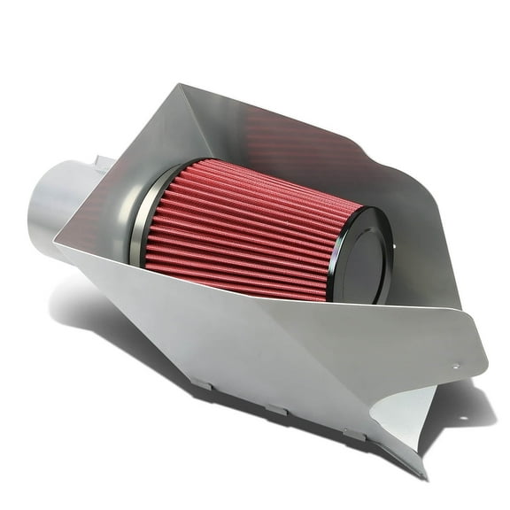 DNA Motoring AIP-2-HS-FF25008-SLSL For 2008 to 2010 Ford Super Duty 6.4L V8 Silver Coated Aluminum Air Intake Pipe Heat Shield Red Filter - 2nd Gen 09