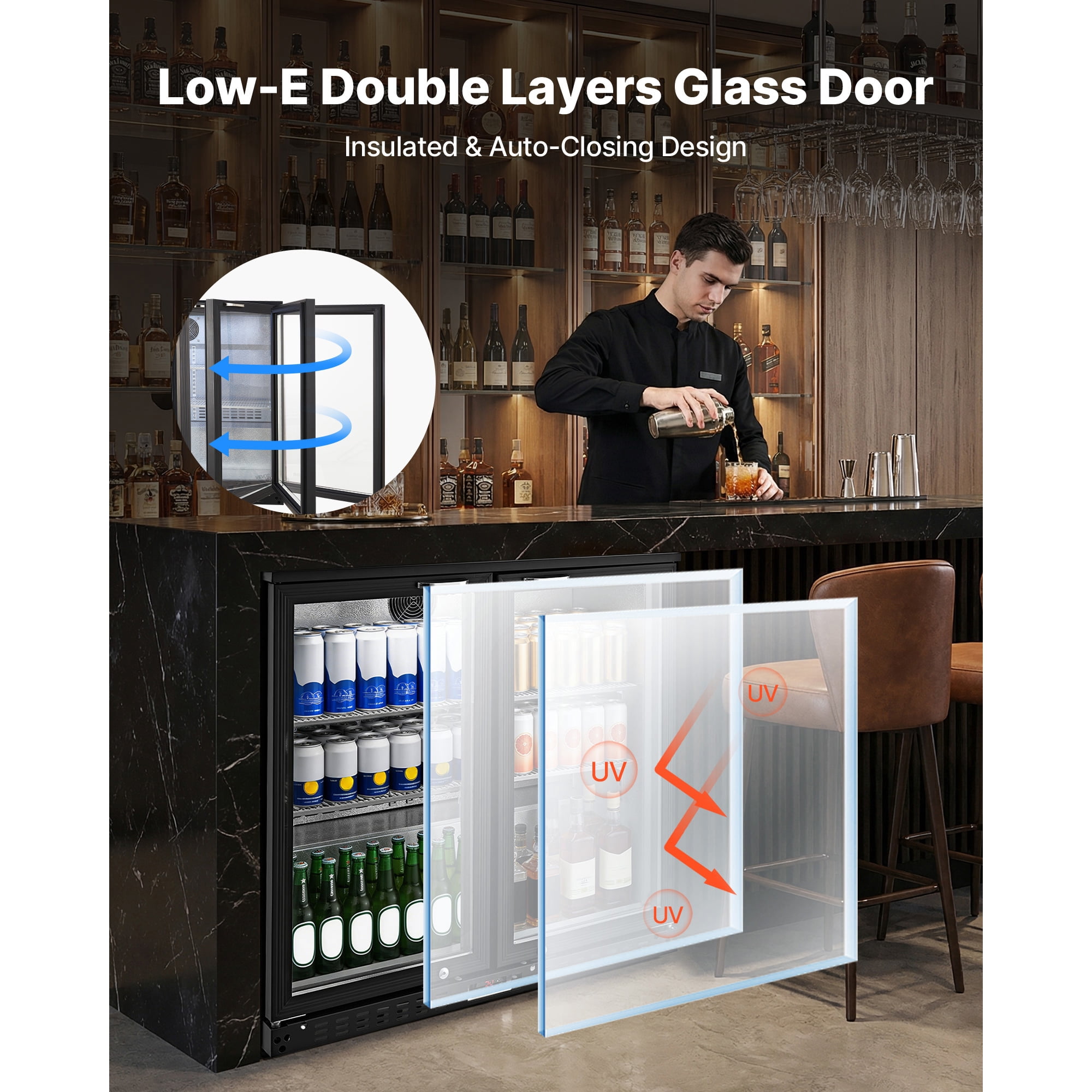 KFFKFF Commercial Back Bar Cooler, 7.4 Cu. Ft Beverage Refrigerator with Dual Glass Doors, LED Lighting, Adjustable Shelves, and Low-E Glass for Storing Beer, Soda, Wine, and Other Drinks
